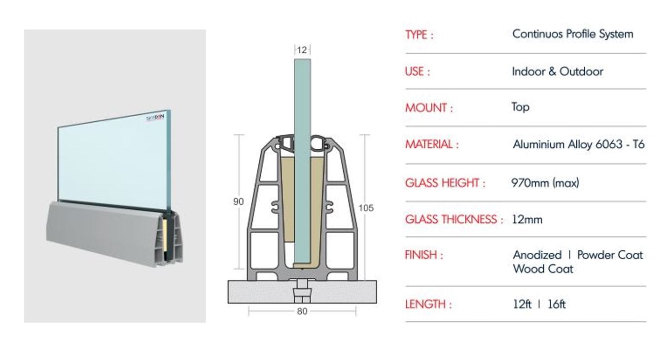 SD 31 Continuous Profile System Aluminum Glass Railing Base Profile for Balcony and Staircase, Indoor and Outdoor Top Mount Design, Durable Finish, Easy Installation for Modern Projects